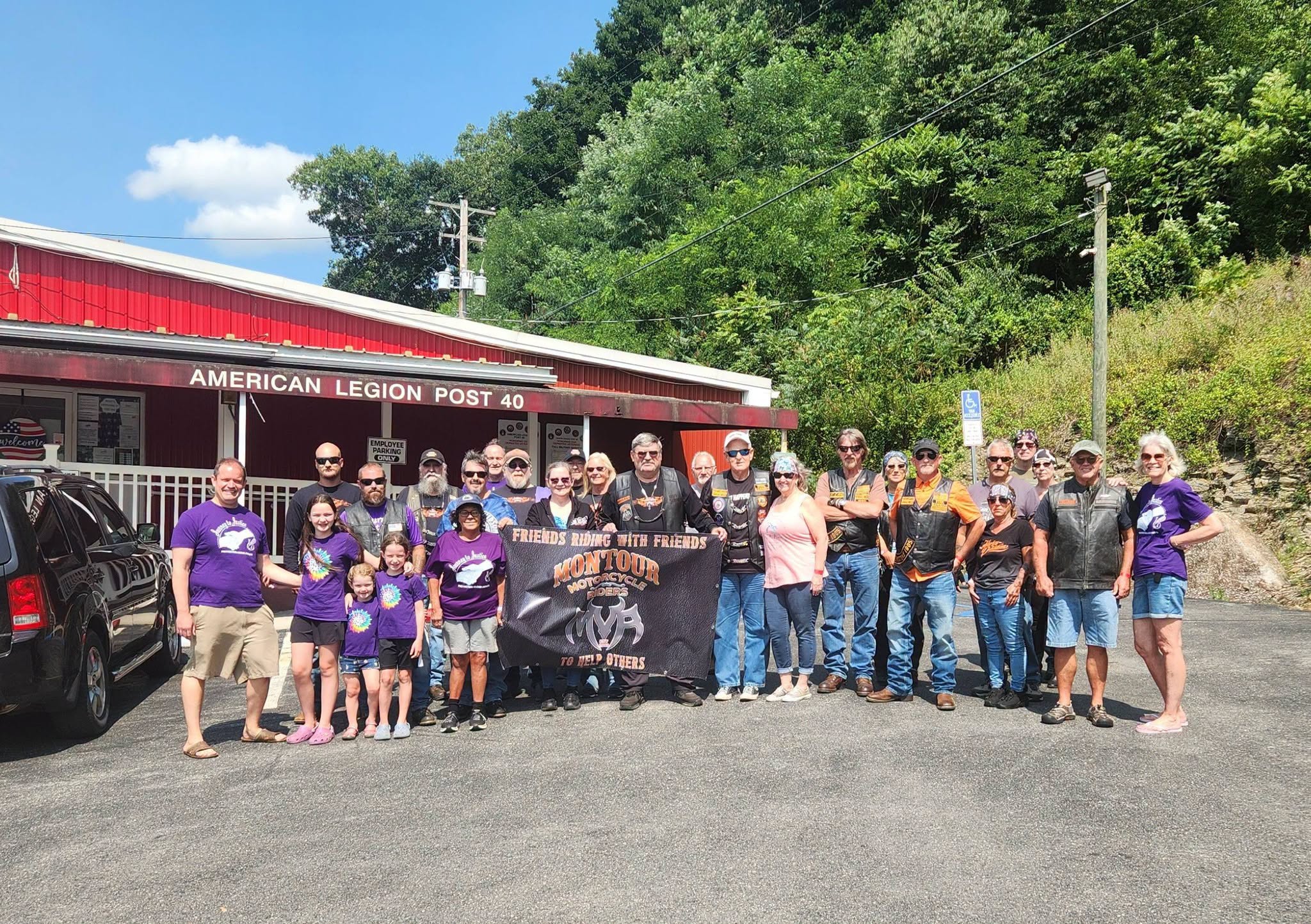 Journey to Justice members with the Montour Motorcycle Riders and community members outside American Legion Post 40 in Danville, PA